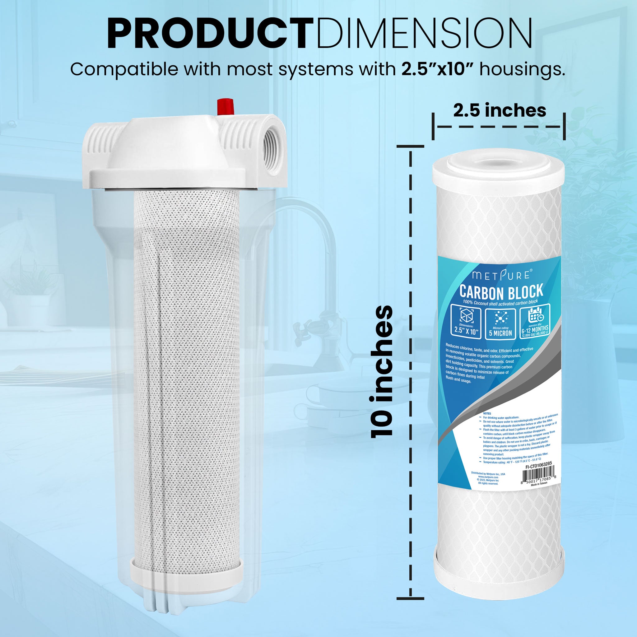 Metpure 10” x 2.5” Carbon Block Water Filter Cartridge Replacement - 5 Micron Coconut Shell Carbon Block CTO 10-inch. Universal, Compatible with Dupont, Hydronix, Whirlpool, and more.