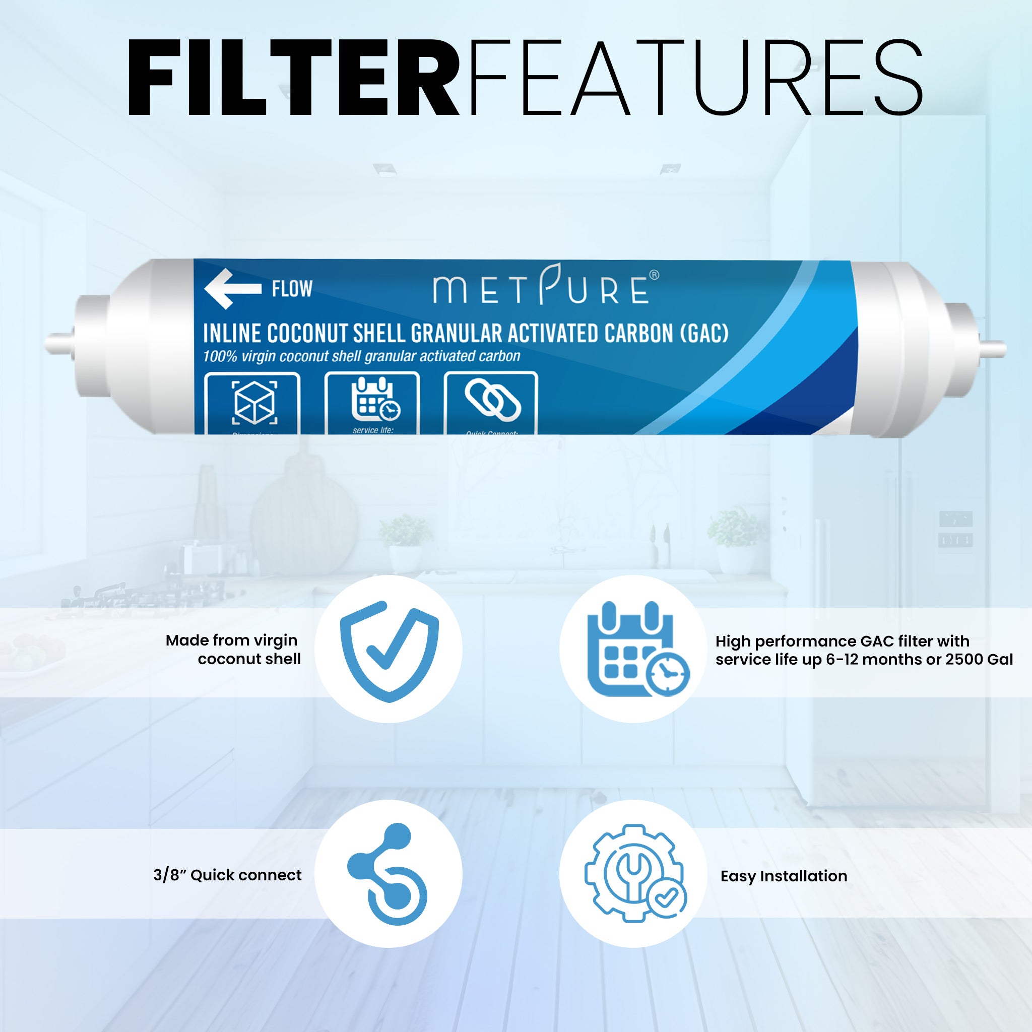 Metpure 2" x 10" RO Carbon Post Filter GAC Coconut Shell Granular Activated Carbon 3/8 Inline Water Filter for Reverse Osmosis Water Filter System, Refrigerator, Ice Maker. 3/8" Quick Connect.