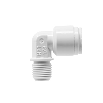 White 1/4 inch OD quick connect x 1/8 inch male thread elbow with check valve
