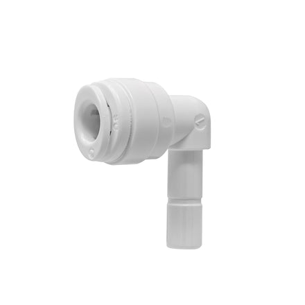 White 1/4 inch OD quick connect x 1/4 inch stem elbow fitting