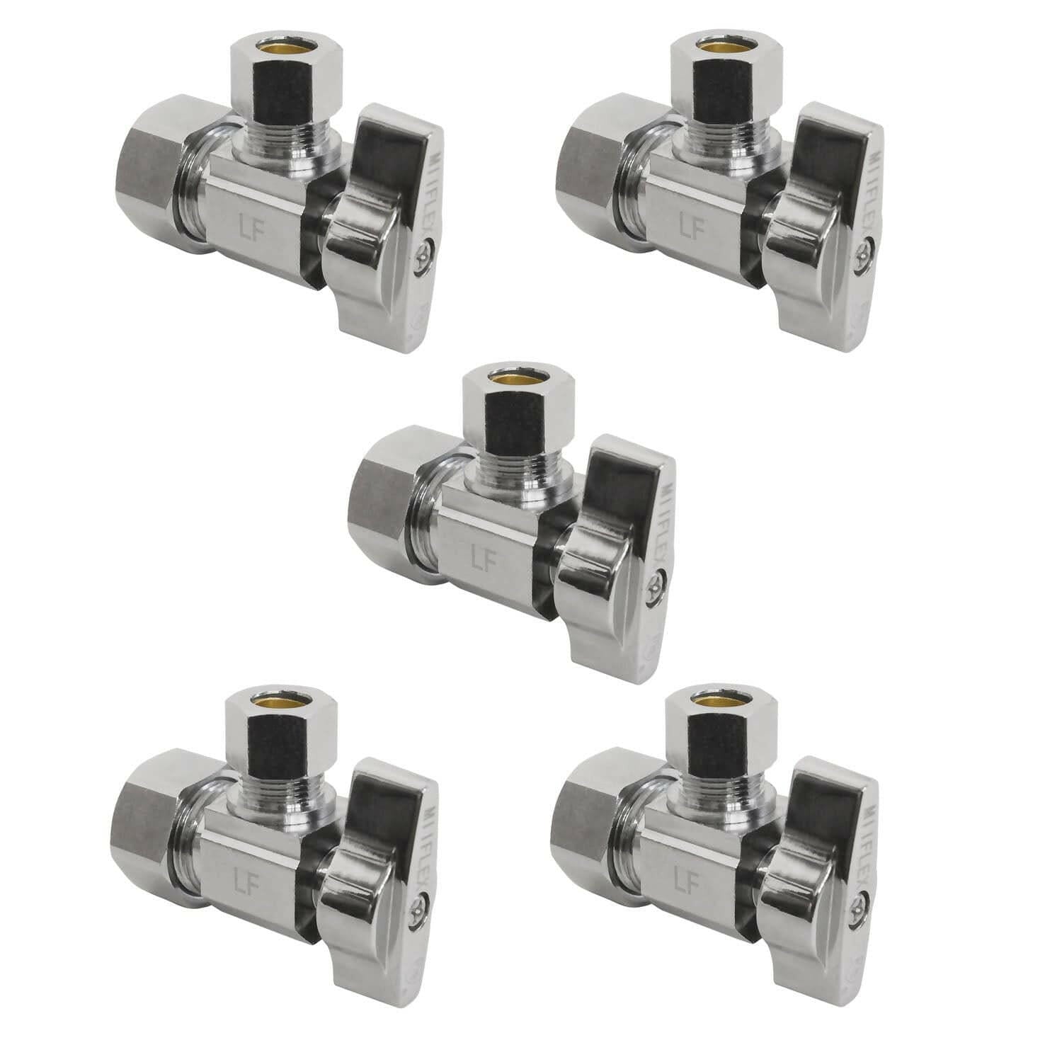 Heavy Duty Plumbing 1/4 Turn Angle Shut Off Valve, Squared Body, Chrome Plated Brass, 5 Pack