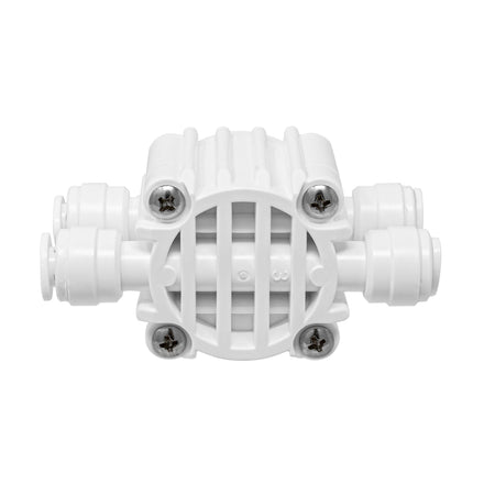 White 4 port auto shut off valve with 1/4 inch OD quick connect ports for RO system