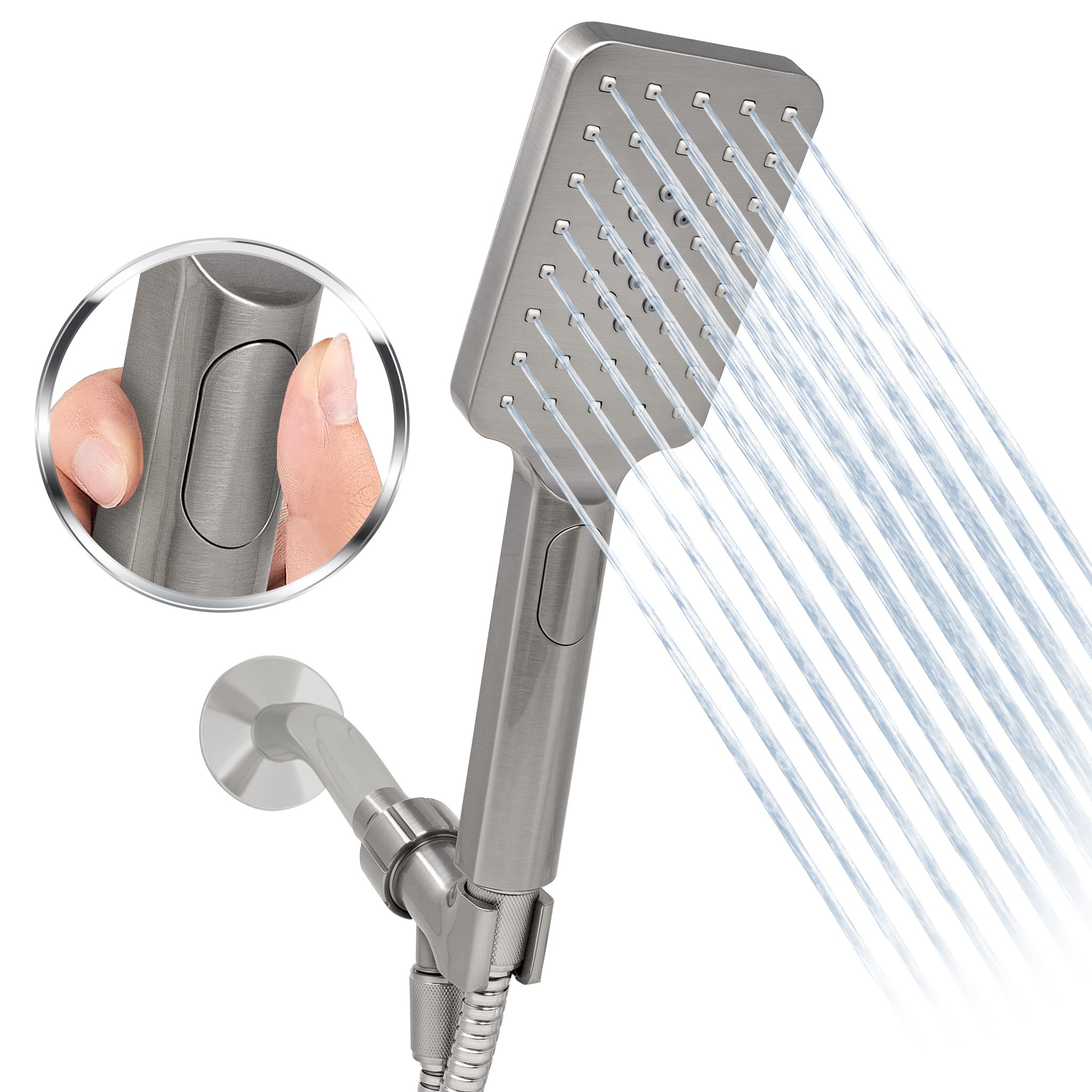 Metpure High-Pressure Handheld Shower Head with Easy Clicker for Multiple Sprays. Low Profile Lightweight Rectangular Shower Head. Stainless Steel Hose & Adjustable Mount Holder. Brushed Nickel Finish