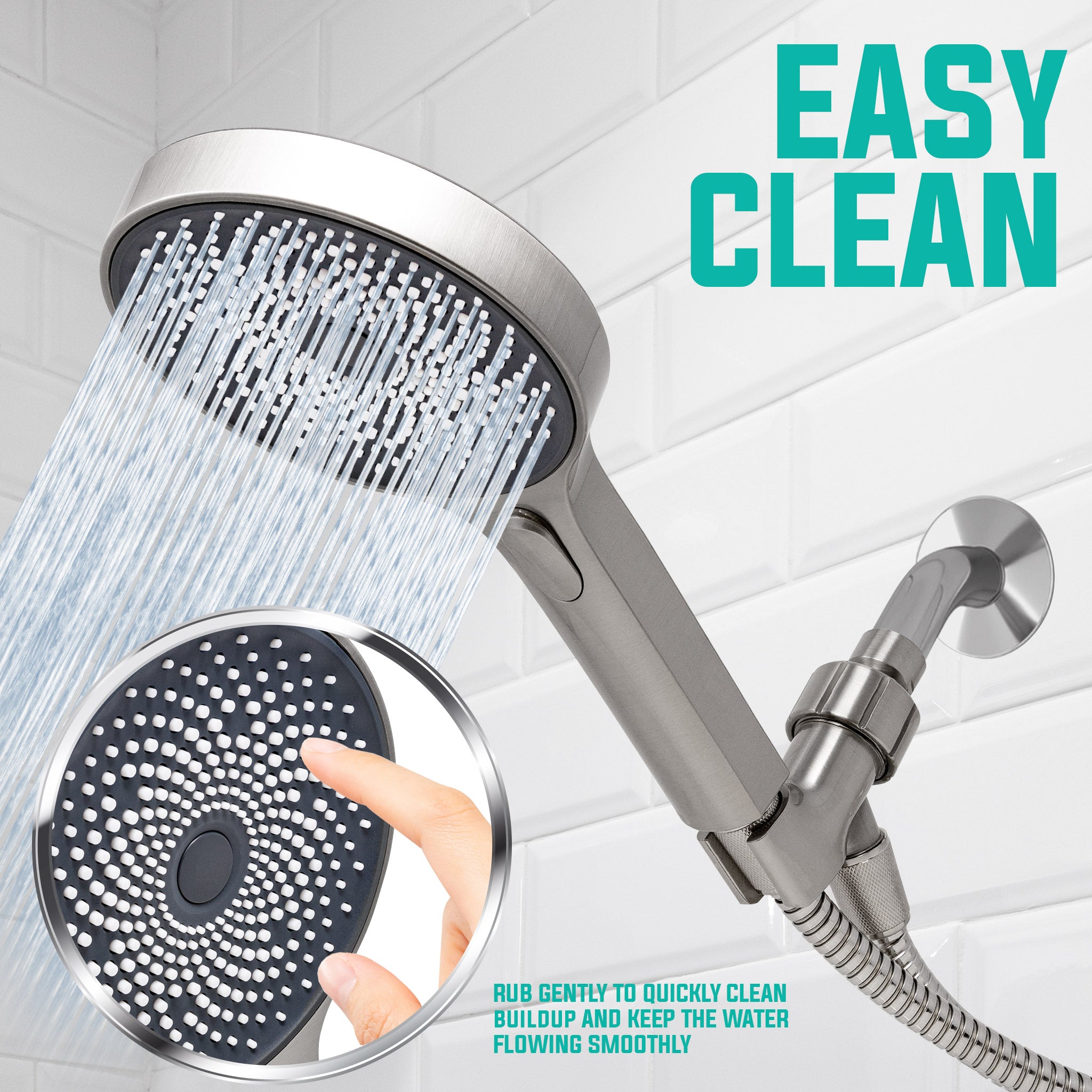 Metpure High-Pressure Handheld Shower Head with Easy Clicker - Multiple Spray Patterns. 5" Large Head for Waterfall Showering Experience. Stainless Steel Hose & Adjustable Mount Holder. Brushed Nickel
