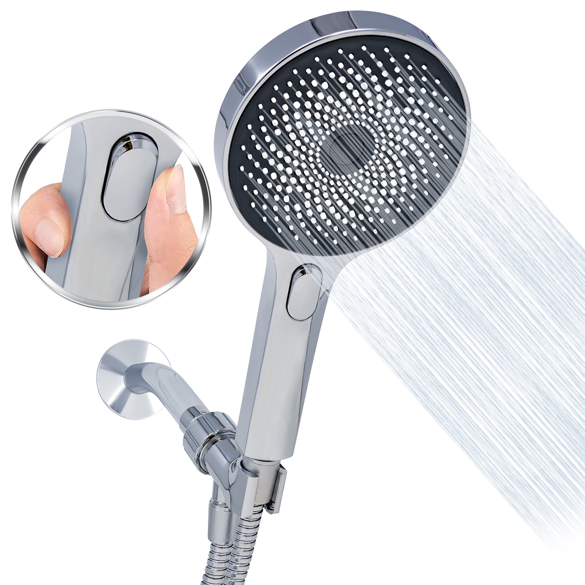 Metpure High-Pressure Handheld Shower Head with Easy Clicker - Multiple Spray Patterns. 5" Large Head for Waterfall Showering Experience. Stainless Steel Hose & Adjustable Mount Holder. Chrome