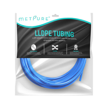 LLDPE 1/4" OD Tube 25 ft Roll in Metpure Retail Bag. For Reverse Osmosis De-ionized Water Filtration Systems, Refrigerators, and Other Appliances. Blue Color