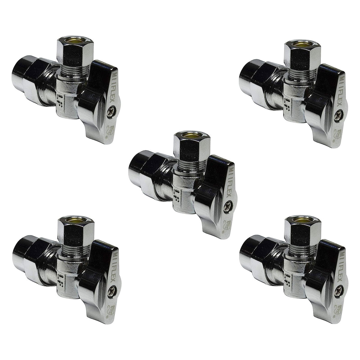 Chrome plated brass 1/4 turn angle stop valve, 1/2 inch CPVC slip x 3/8 inch OD compression, 5 pack