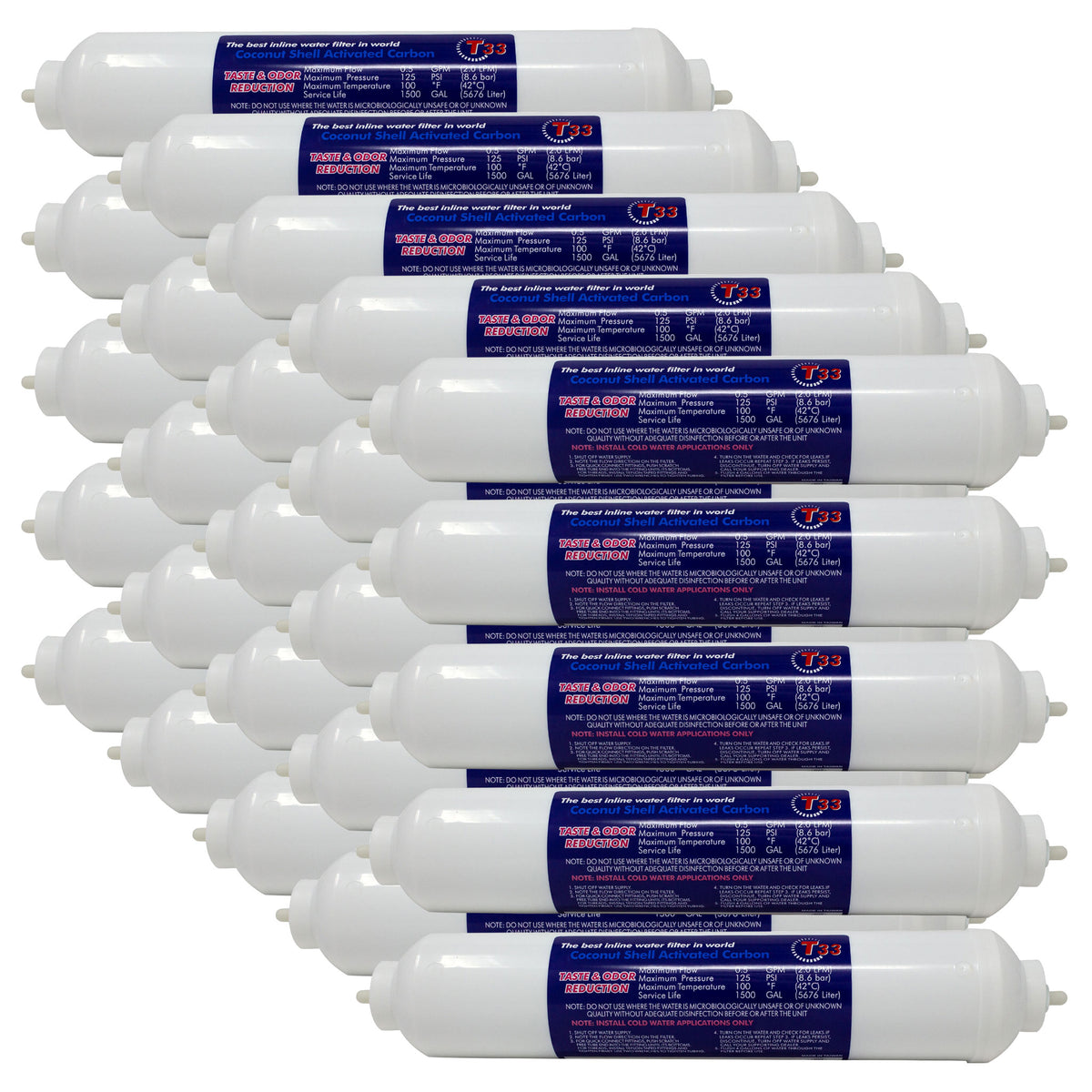 Clean Pure 2 x 10 inch inline coconut carbon GAC water filter with 1/4 inch OD quick connect ends, 25 pack