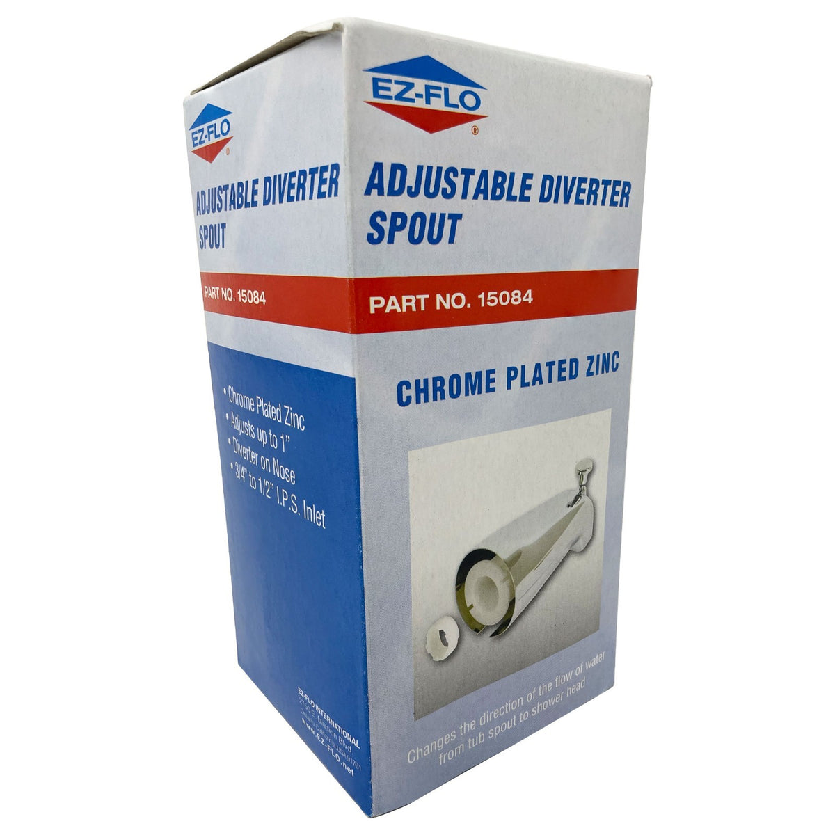 Adjustable Tub Diverter Spout, Zinc Body - Chrome, Diverter on Nose, 3/4" to 1/2" IPS Inlet, Adjusts up to 1"