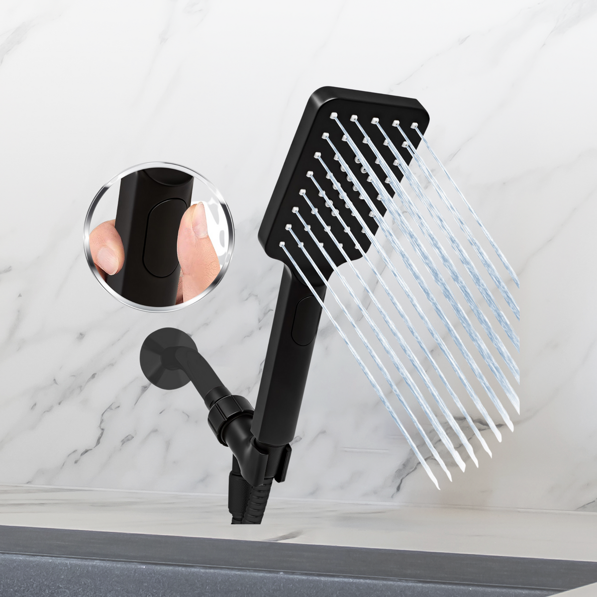 Metpure rectangle handheld shower head with Easy Clicker button, stainless steel hose and adjustable mount