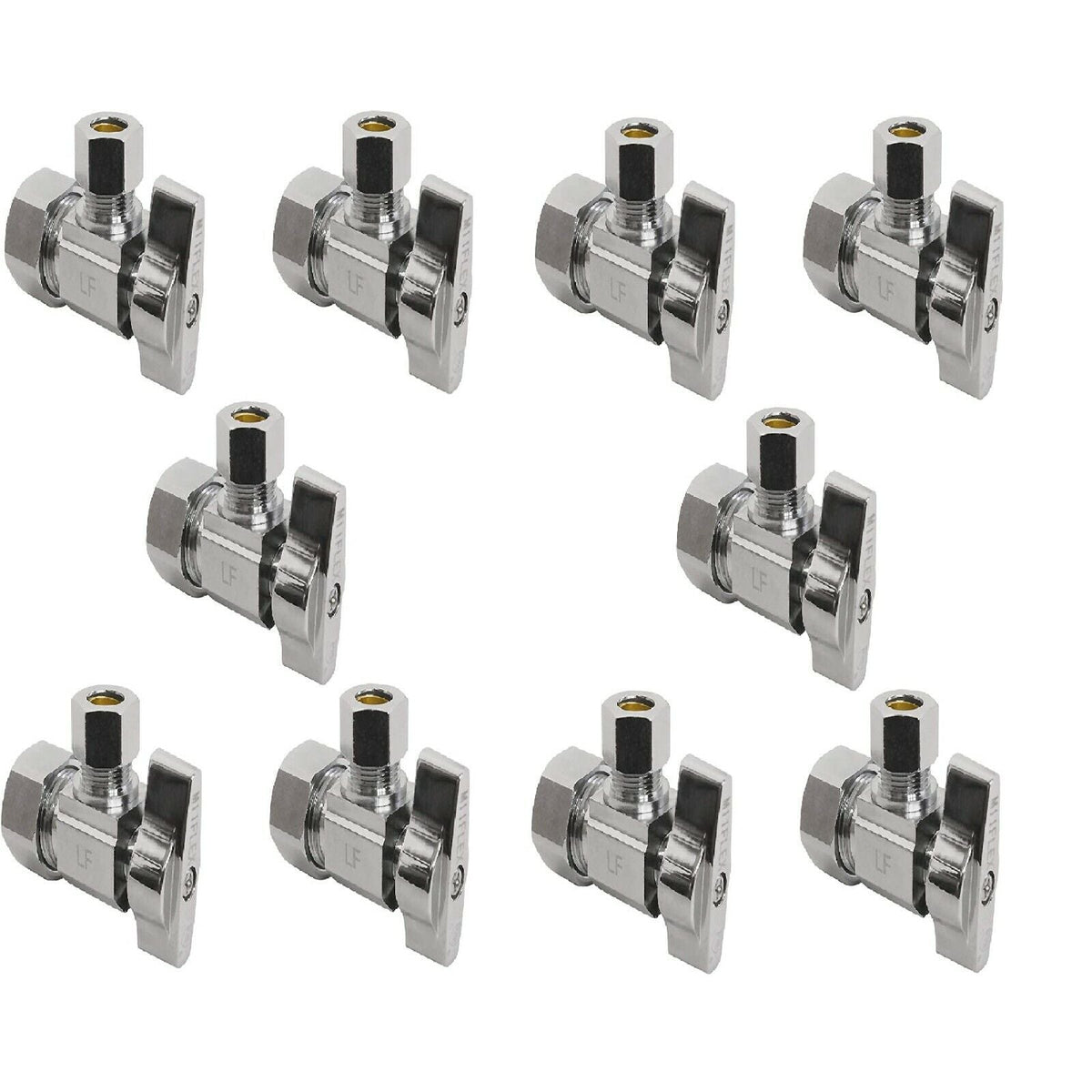 Heavy Pattern 1/4 Turn Angle Stop, 1/2 inch NOM Compression x 3/8 inch OD Compression, Chrome Brass, 10 Pack