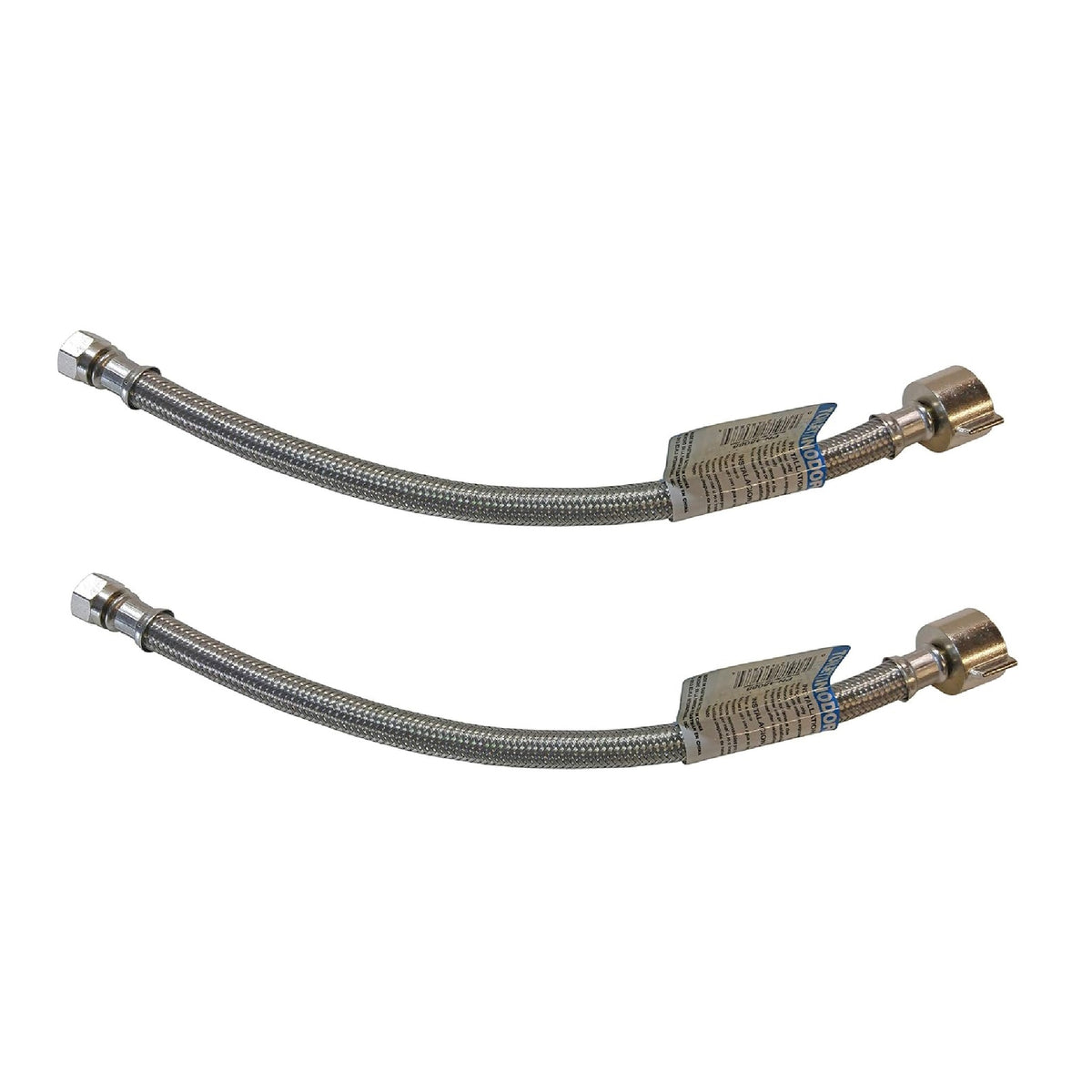 Two 12 inch braided stainless steel toilet supply lines, 7/8 inch ballcock x 3/8 inch compression
