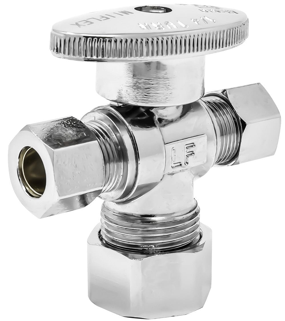 1/4 Turn Straight Dual Outlet Angle Stop 5/8" OD COMP x 3/8" COMP x 3/8" COMP