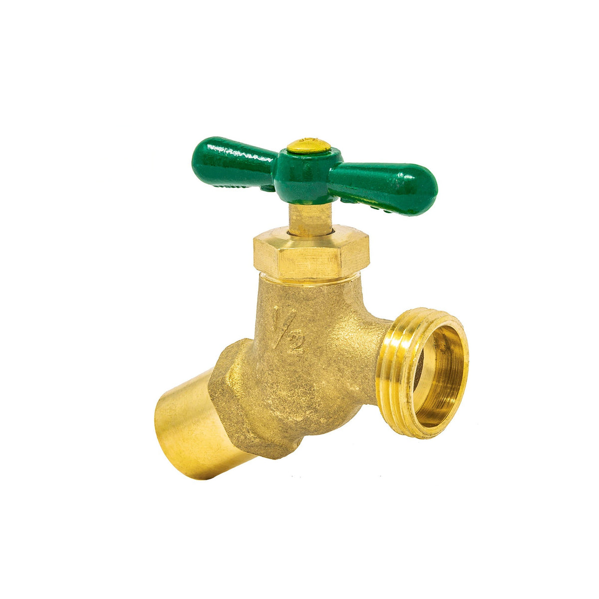 Economical brass hose bibb, 1/2 inch and 3/4 inch solder (sweat) inlet x hose thread outlet