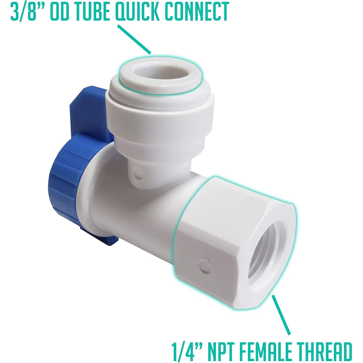 RO tank ball valve, 1/4 inch female NPT x 3/8 inch OD quick connect