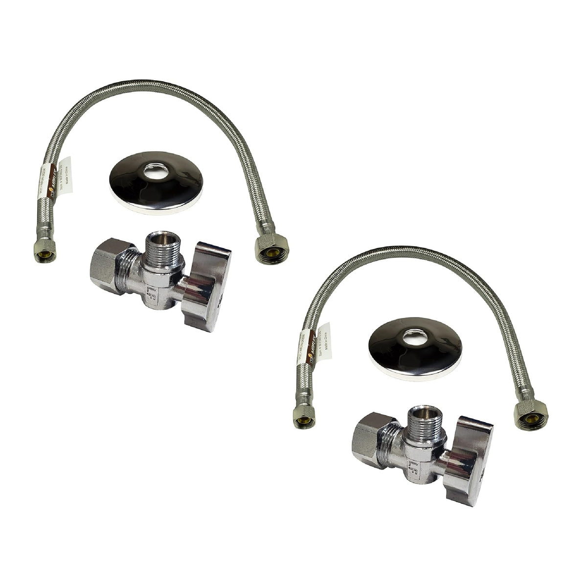Two angle shut off valve sets with chrome escutcheon and 20 inch stainless steel braided faucet supply line
