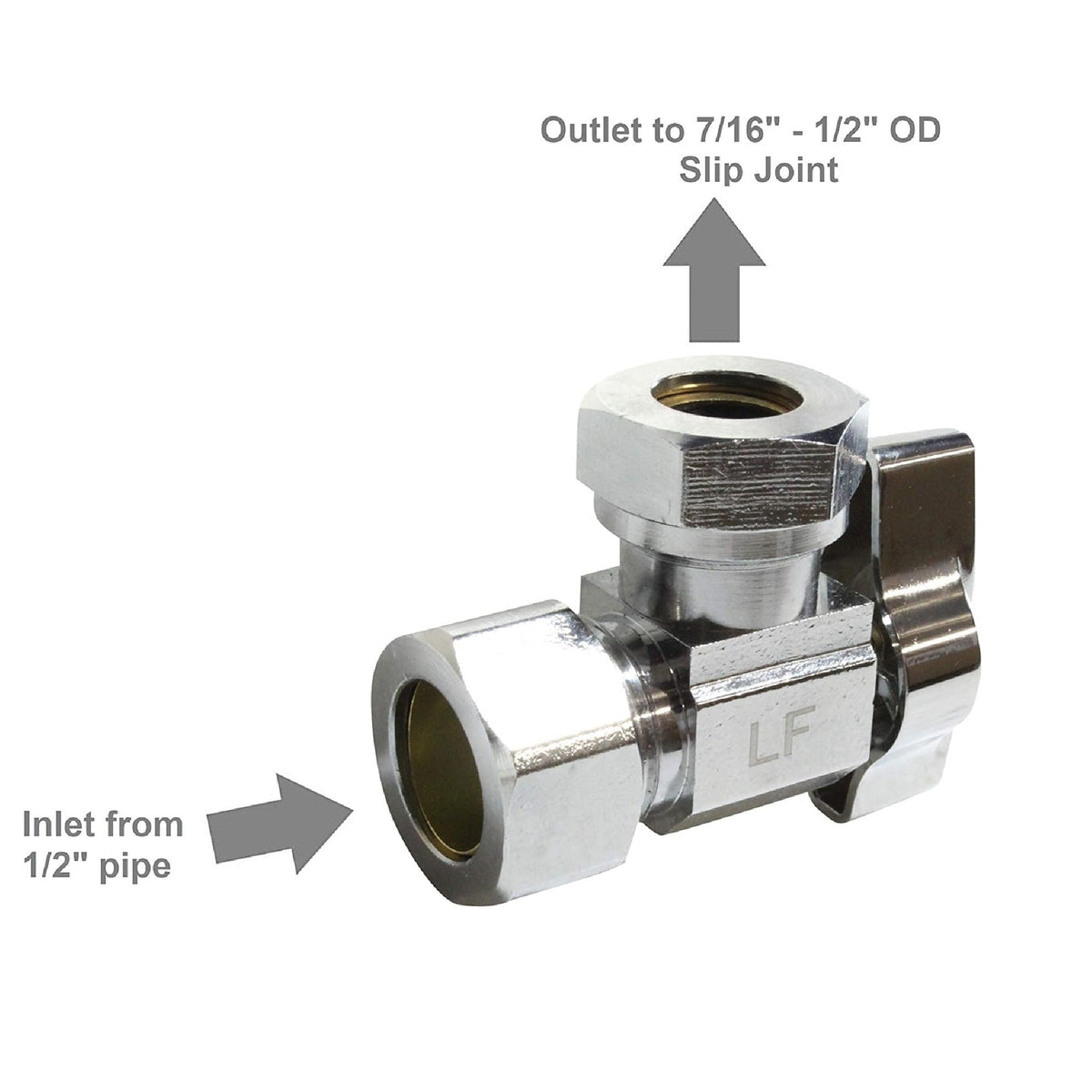 Heavy duty 1/2 inch NOM comp x 7/16 inch - 1/2 inch OD slip joint chrome brass 1/4 turn squared body angle valve - view 4