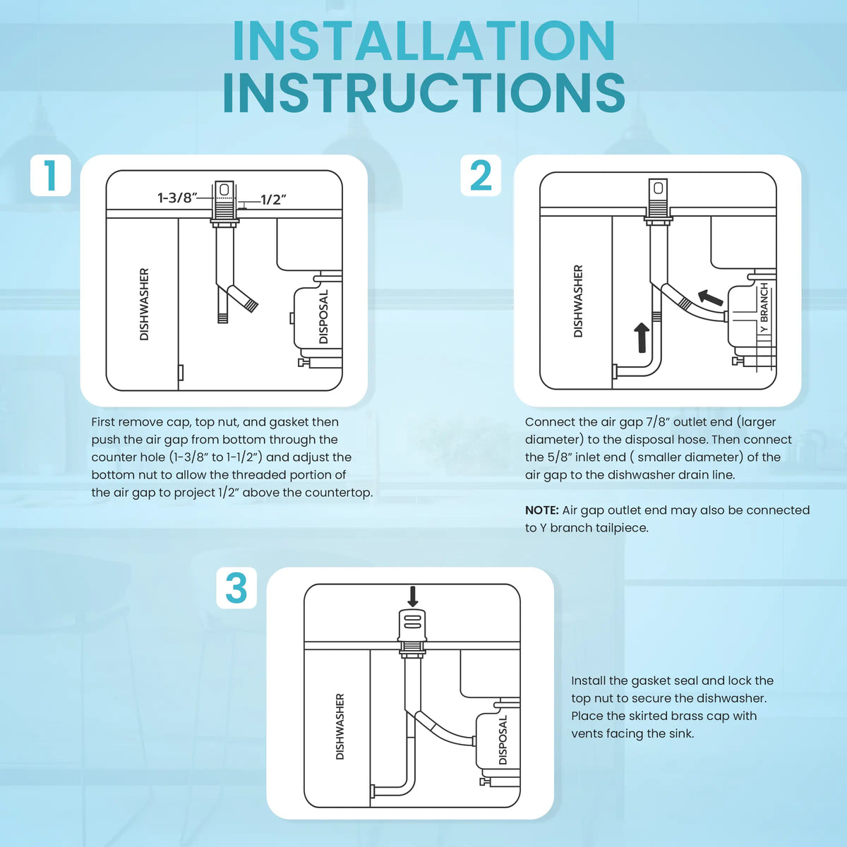 Dishwasher air gap kit with skirted solid brass cap - view 7