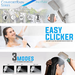 Metpure rectangle handheld shower head with Easy Clicker button, stainless steel hose and adjustable mount