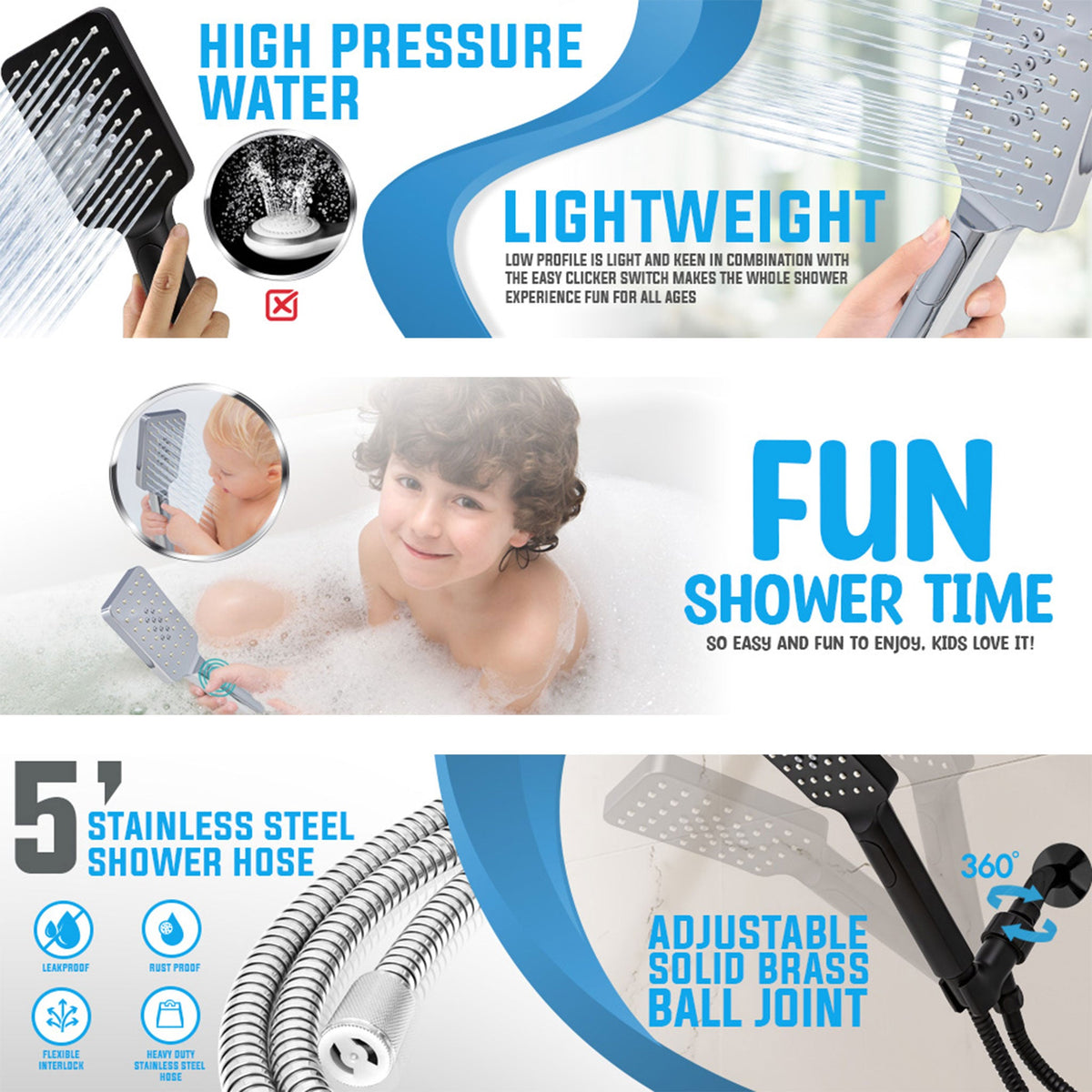 Metpure rectangle handheld shower head with Easy Clicker button, stainless steel hose and adjustable mount
