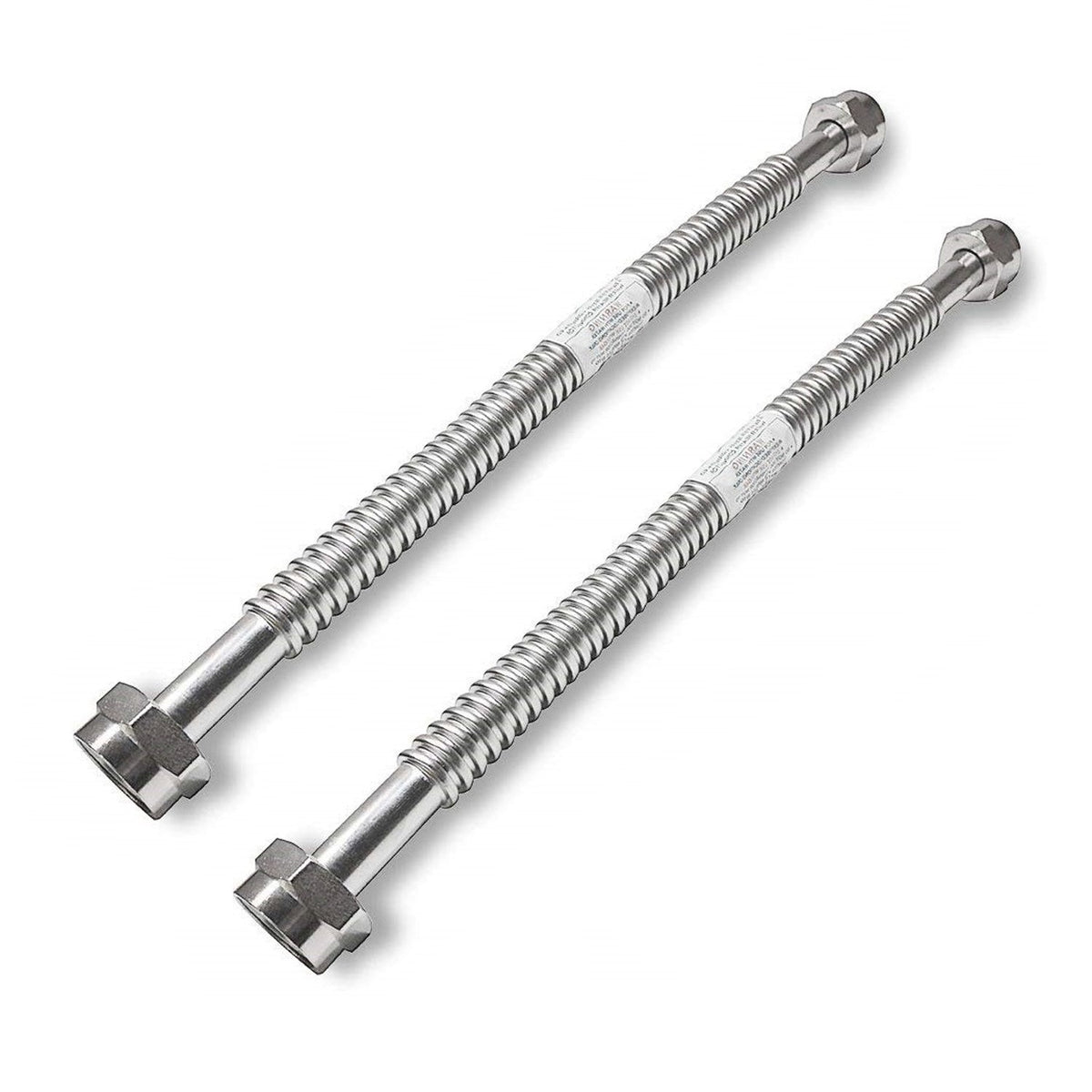 Two 24 inch x 1 inch FIP Eastman corrugated stainless steel water heater flex connectors