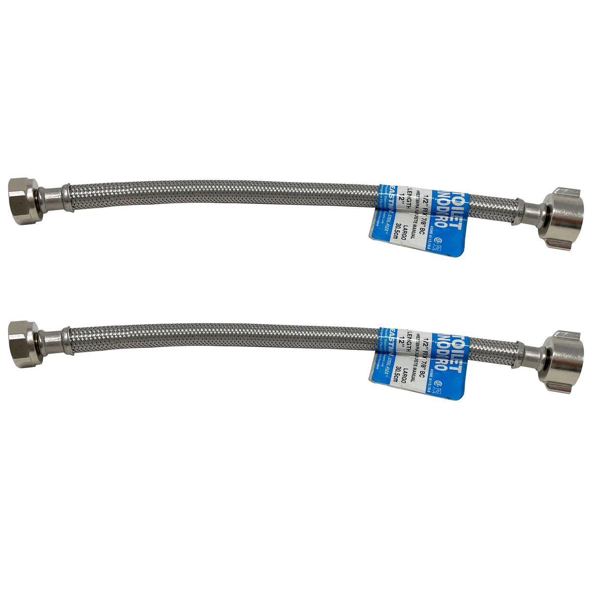 Two 12 inch braided stainless steel toilet supply lines, 7/8 inch ballcock x 1/2 inch FIP - view 2