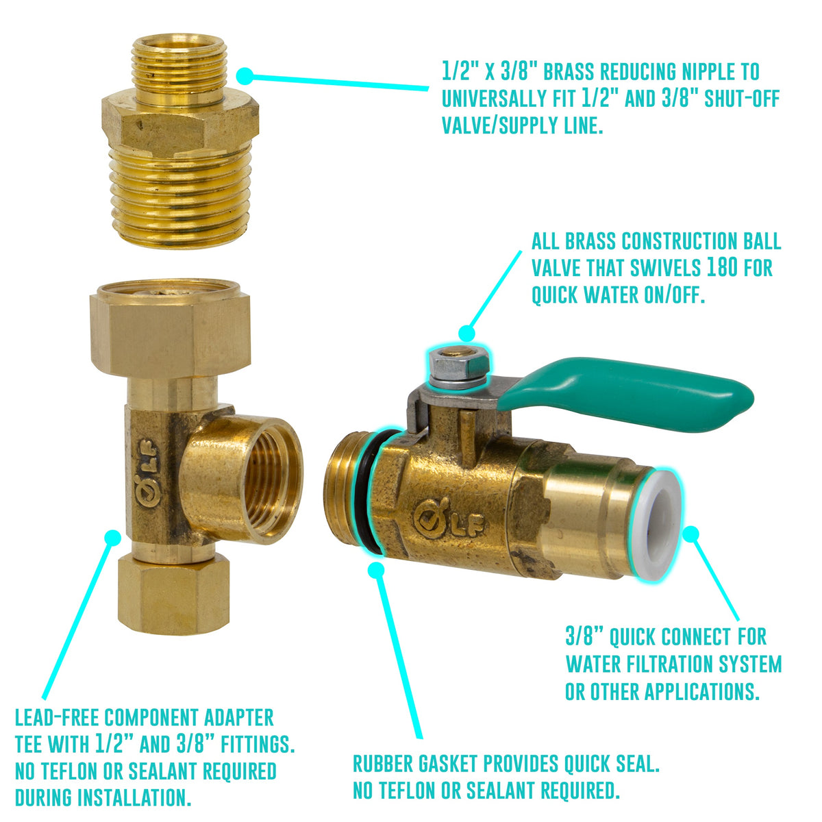 Metpure EZ RO universal feed water adapter tee with quick connect ball valve, lead-free brass, 1/4 inch OD or 3/8 inch OD - view 18