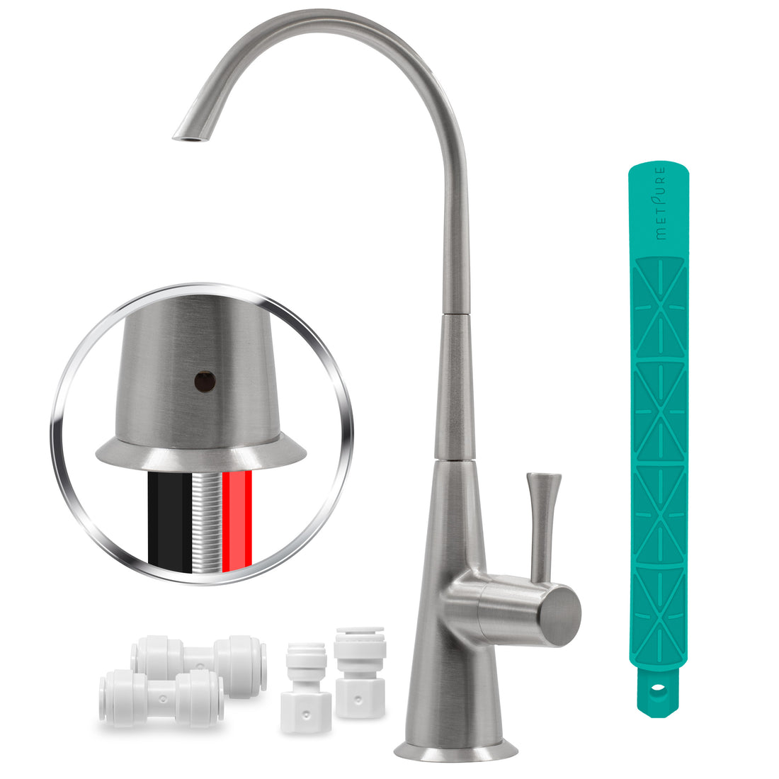 Metpure Airgap 3-Port Brass RO Faucet for Reverse Osmosis Drinking Water Systems. Features Pre-Installed Drain Tubes, Contemporary Design. Includes Wrench and Adapters. NSF Certified. (Choose your Color)