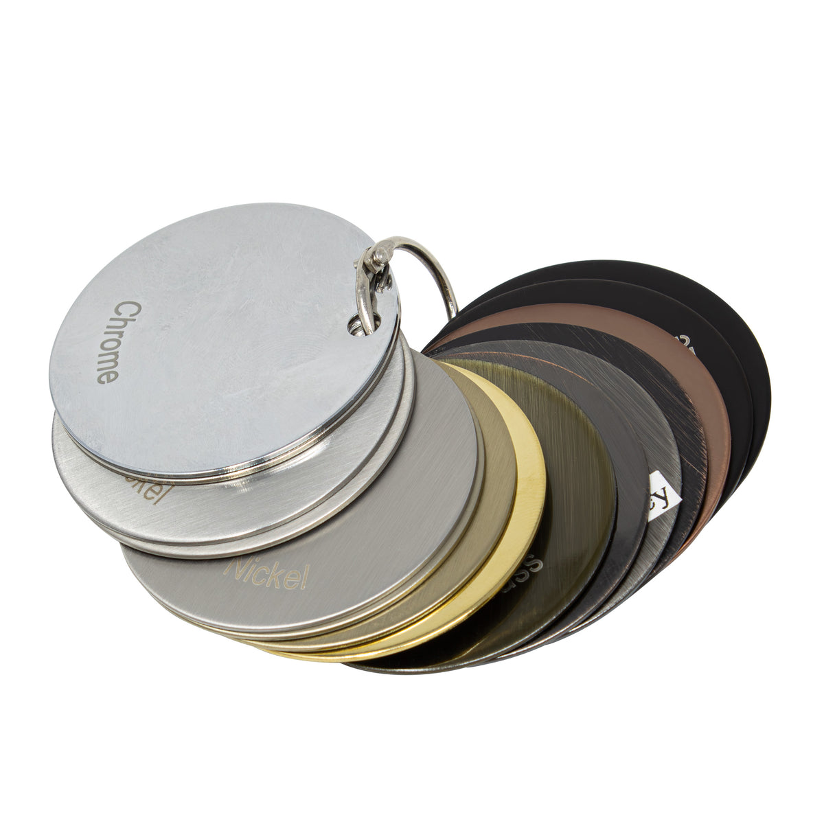 Metpure water filtration faucet finish color sample key ring with labeled metal swatches