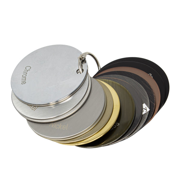 Metpure water filtration faucet finish color sample key ring with labeled metal swatches