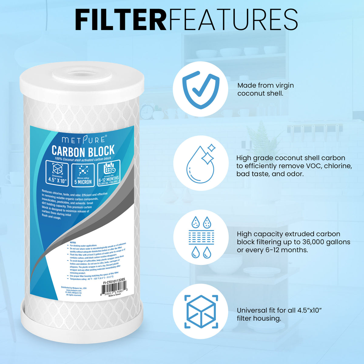 Metpure 10 x 4.5 inch coconut shell carbon block CTO water filter cartridge