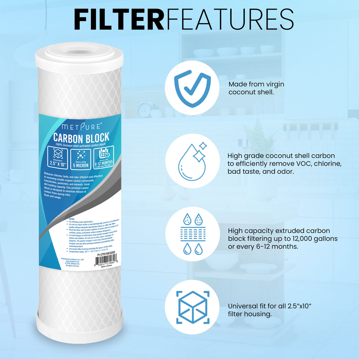 10 x 2.5 inch coconut shell carbon block CTO water filter, 5 micron