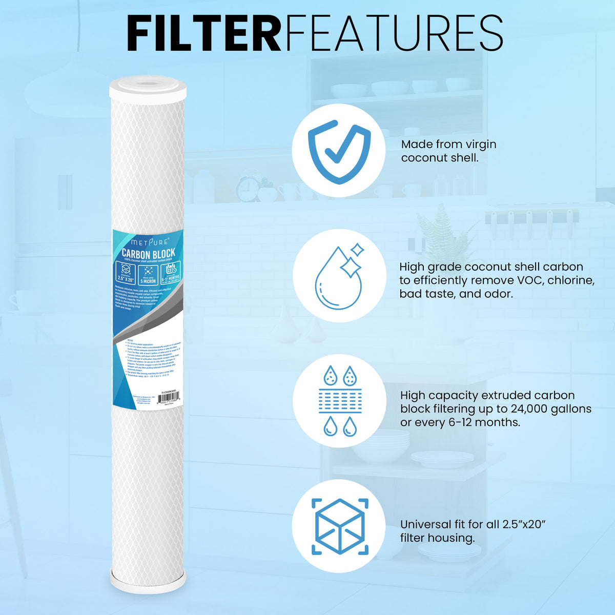 Metpure 20 x 2.5 inch coconut shell carbon block CTO water filter cartridge