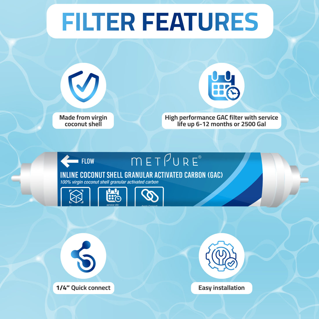 Metpure Inline Water Filter for Refrigerator 2" x 10" x 1/4" OD Quick Connect Ports Coconut Shell Post Activated Carbon Water Filter Replacement Cartridge for Inline Reverse Osmosis RO Water Filtration System, Ice Maker