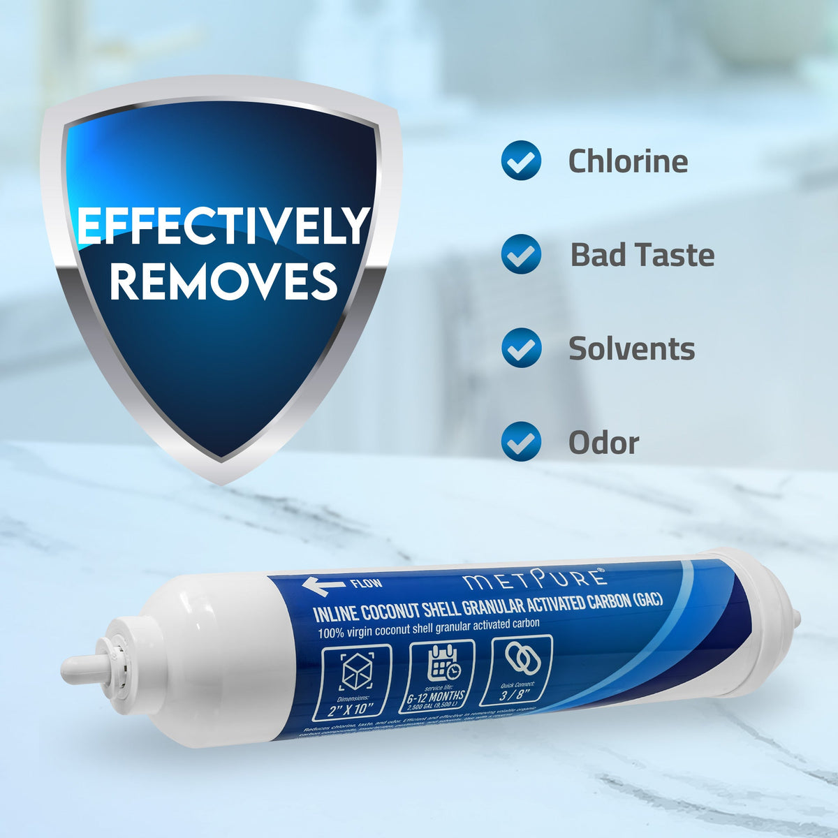 Metpure 2 x 10 inch inline coconut carbon GAC water filter with 3/8 inch OD quick connect ends