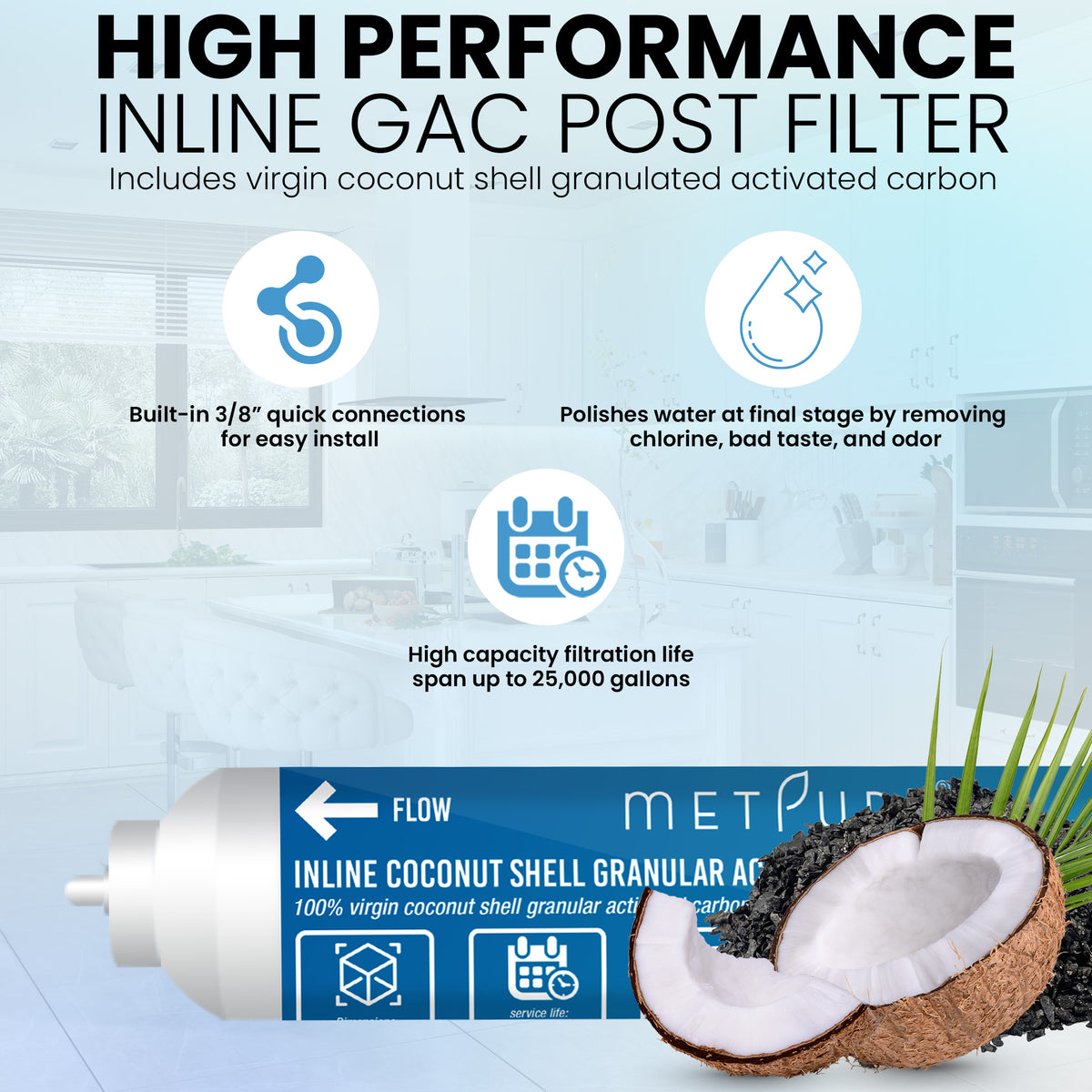 Metpure 2 x 10 inch inline coconut carbon GAC water filter with 3/8 inch OD quick connect ends