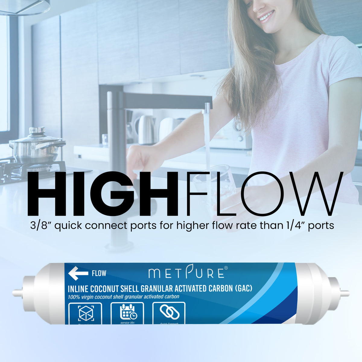 Metpure 2 x 10 inch inline coconut carbon GAC water filter with 3/8 inch OD quick connect ends