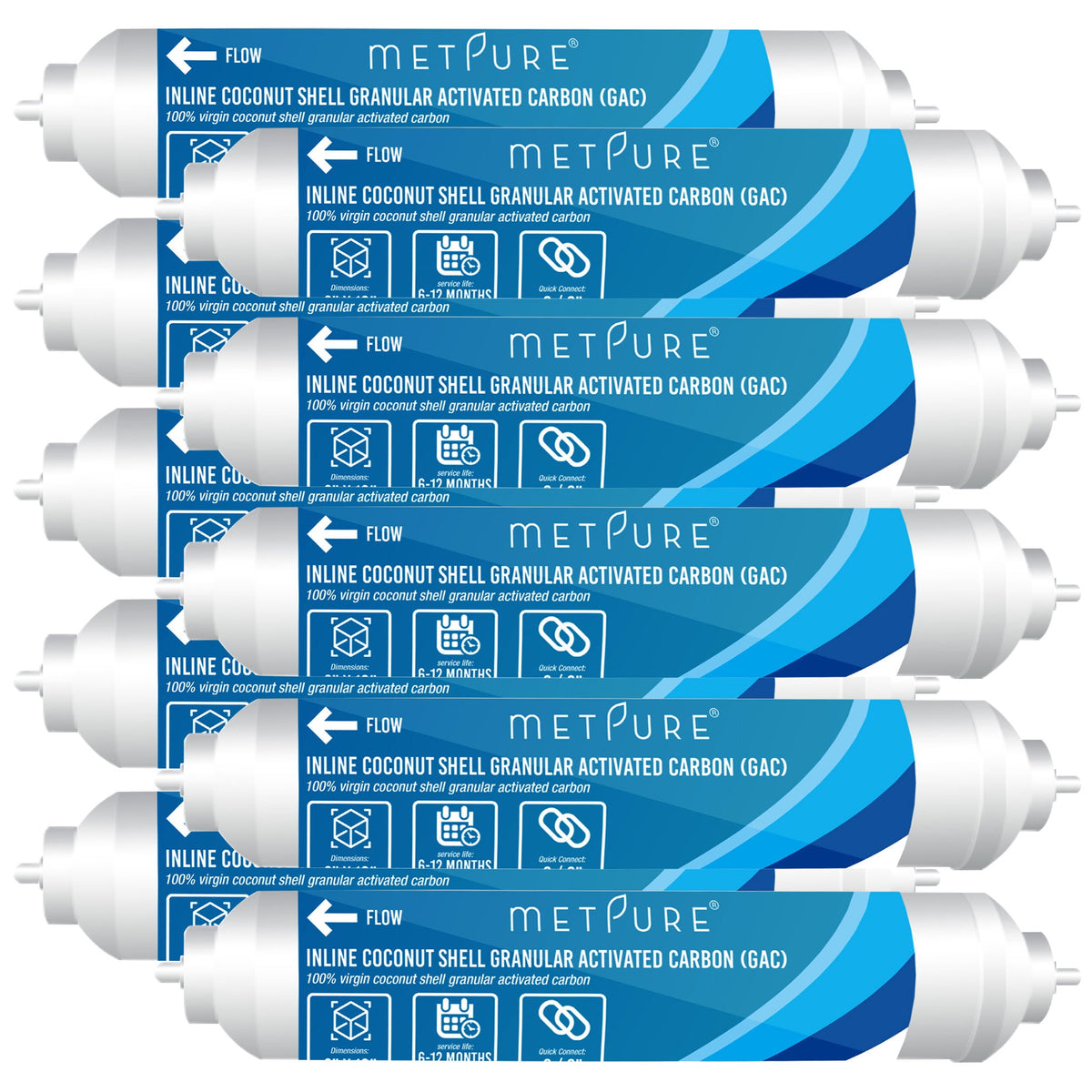 Metpure 2 x 10 inch inline coconut carbon GAC water filter with 3/8 inch OD quick connect ends