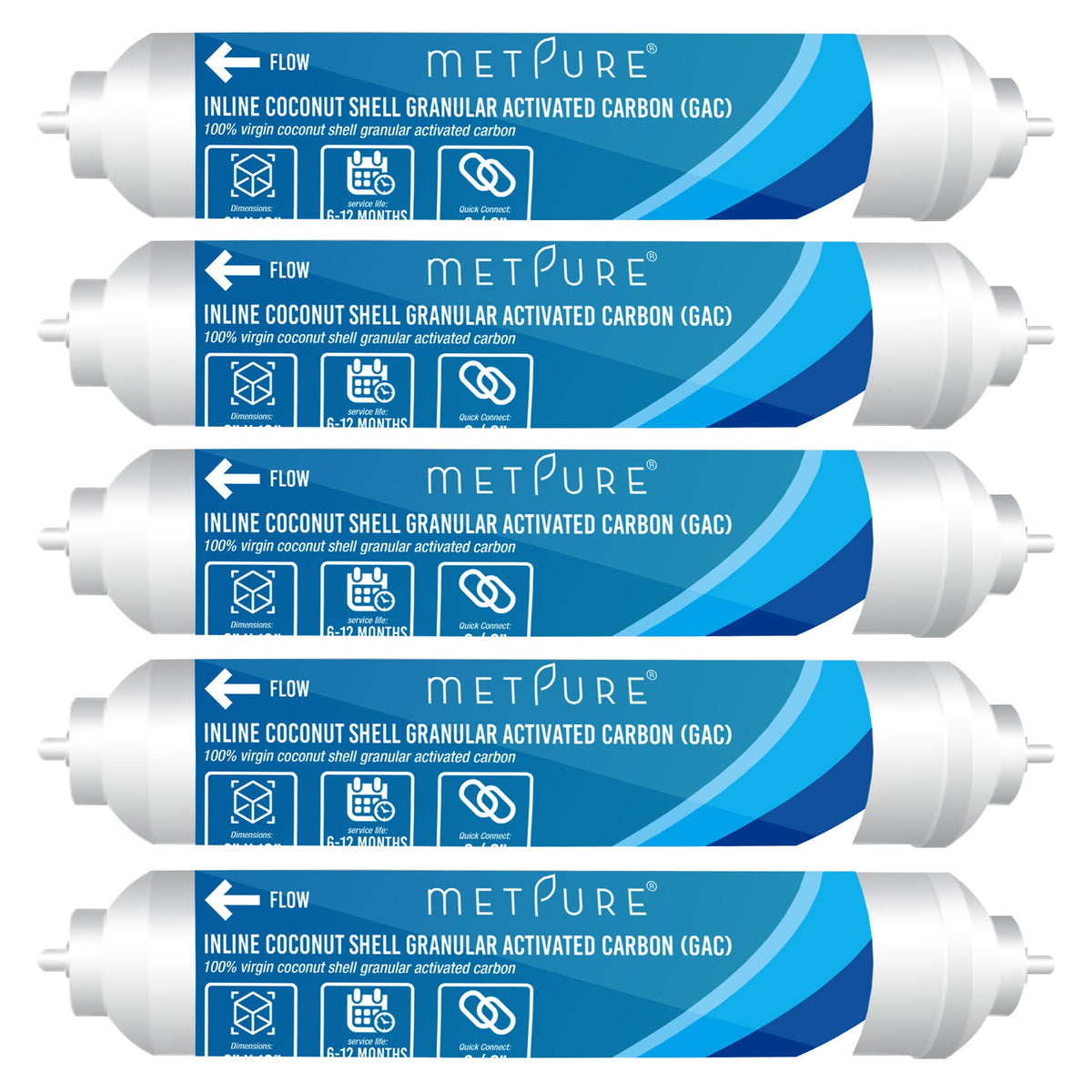 Metpure 2 x 10 inch inline coconut carbon GAC water filter with 3/8 inch OD quick connect ends