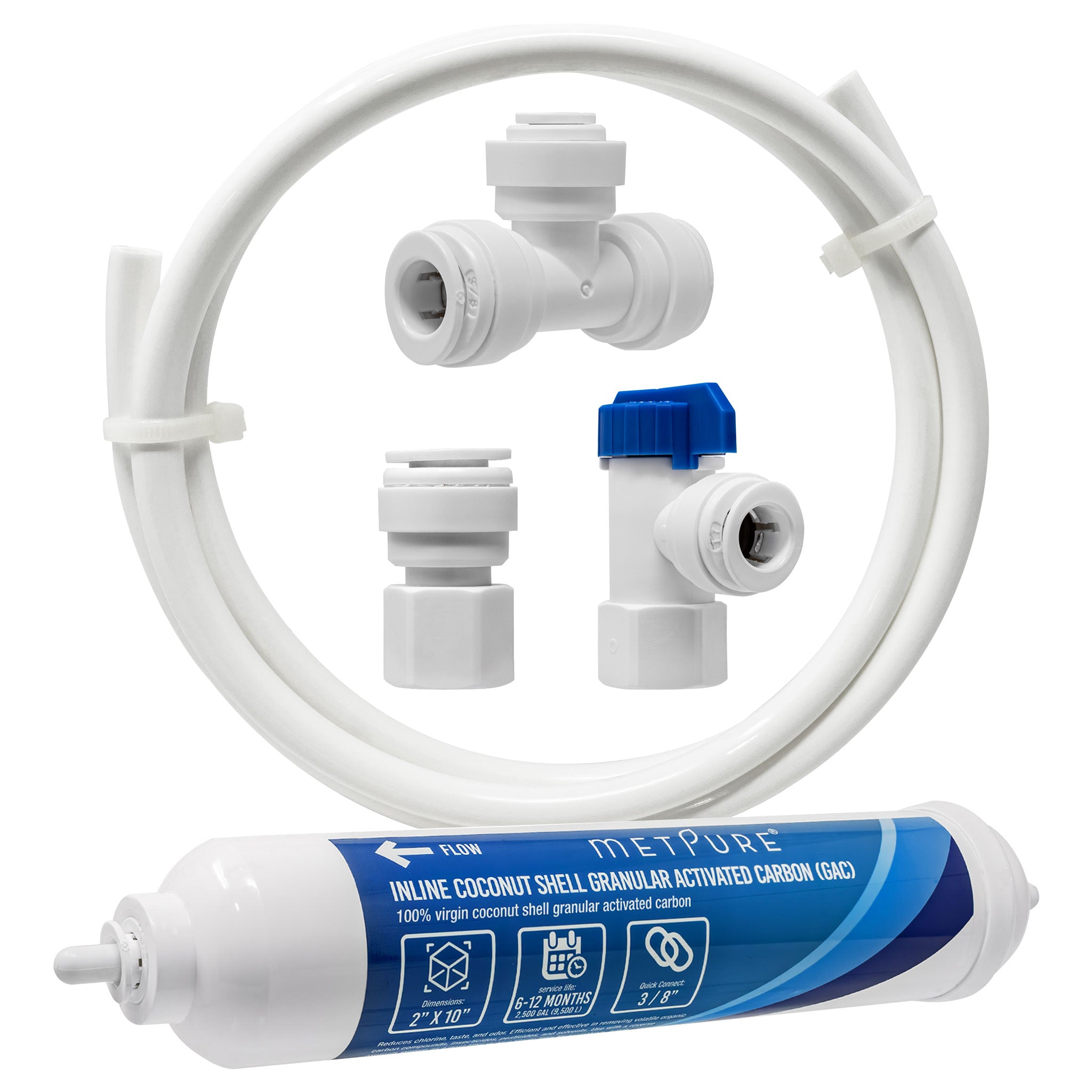 Metpure GAC Inline Filter Conversion 1/4" to 3/8” Big Flow Kit. Increase & Double Water Filtration Faucet Flow Rate of RO Reverse Osmosis System. Complete Kit with Filter, Tubing, and Quick Connectors