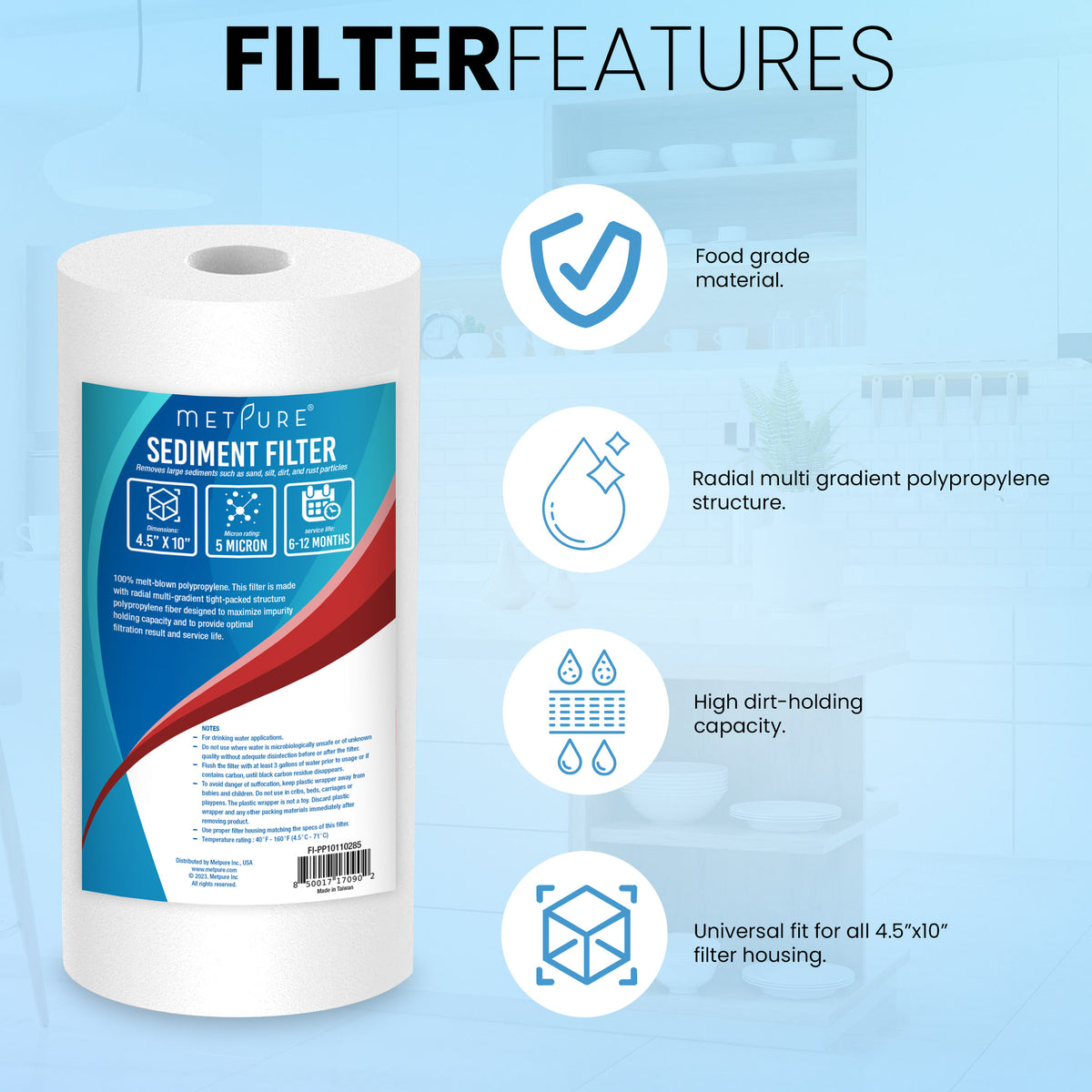 Metpure 10 x 4.5 inch 5 micron polypropylene sediment water filter cartridge