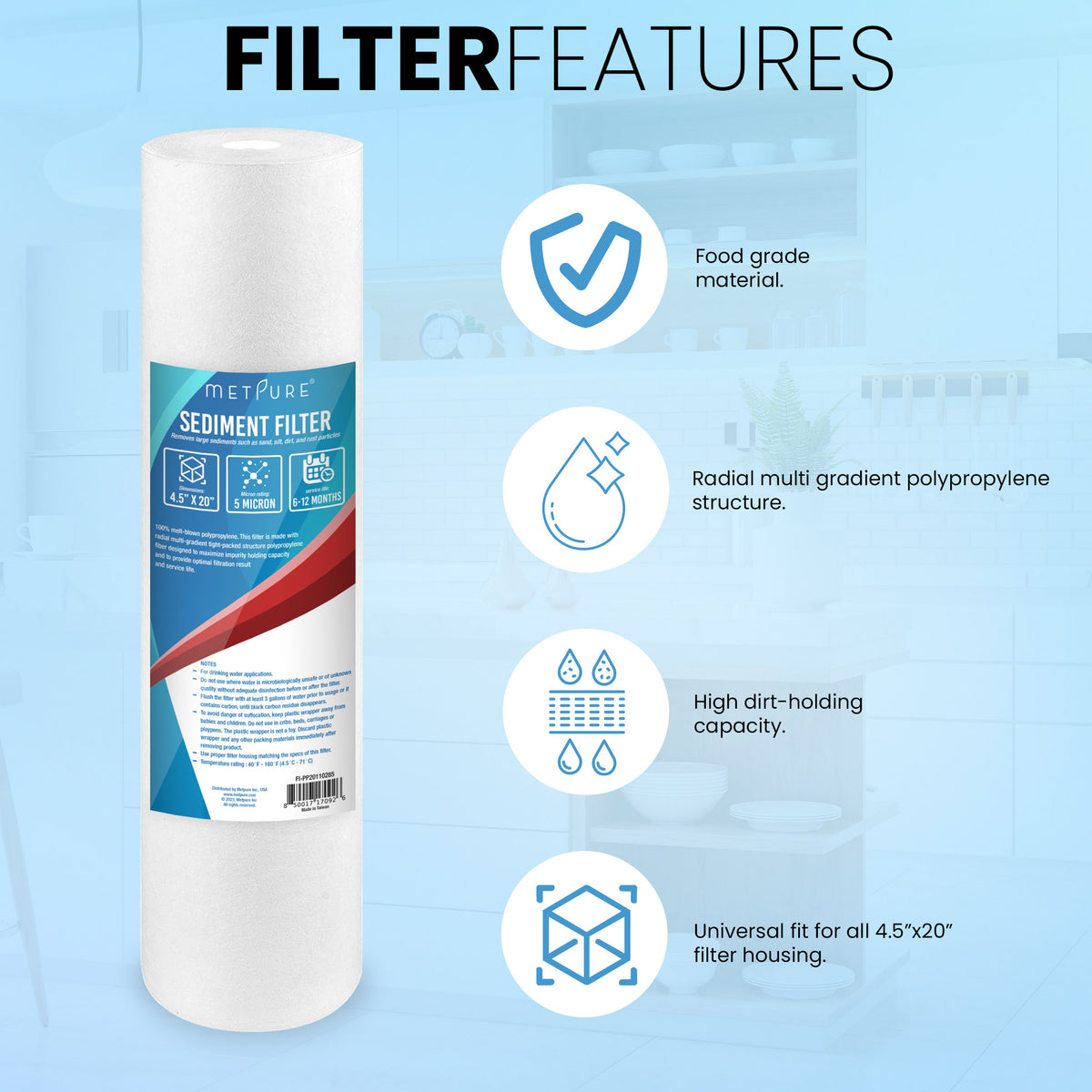 Metpure 20 x 4.5 inch 5 micron polypropylene sediment water filter cartridge