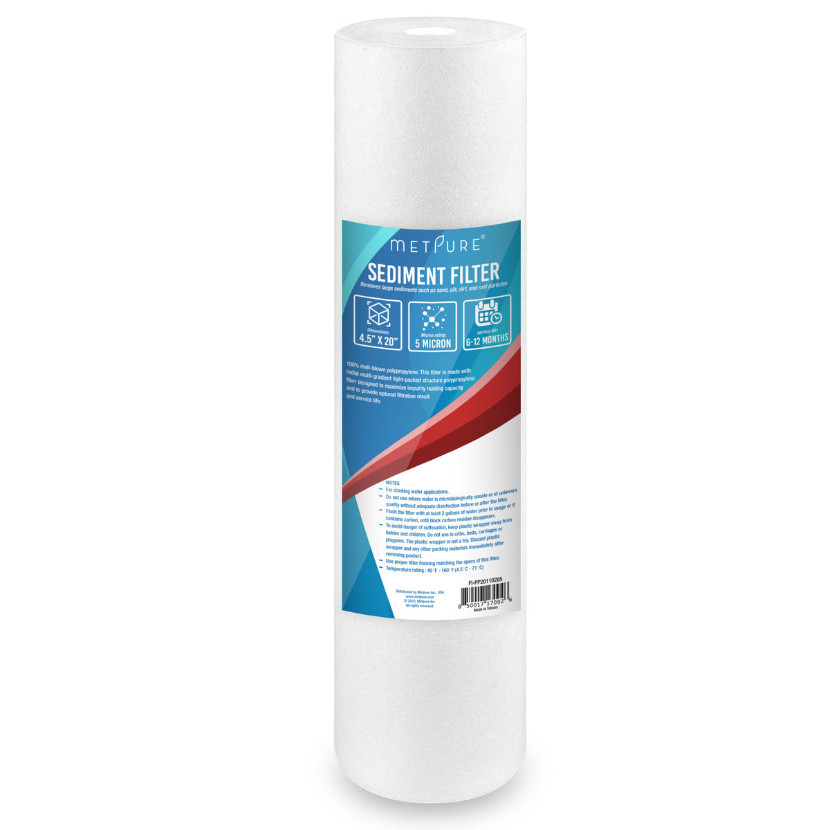 Metpure 20 x 4.5 inch 5 micron polypropylene sediment water filter cartridge