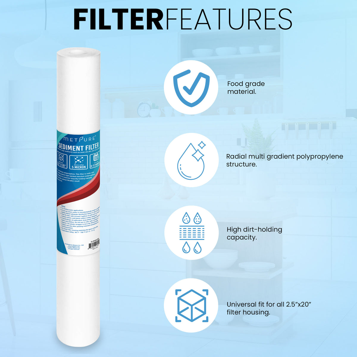 Metpure 20 x 2.5 inch 5 micron polypropylene sediment water filter cartridge
