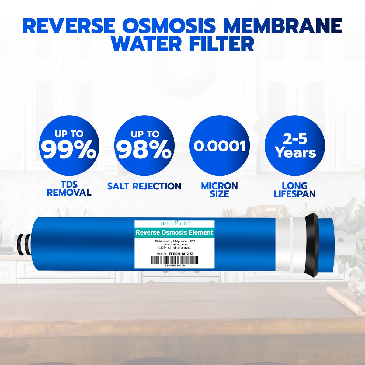 Metpure universal 50 GPD 1812 reverse osmosis membrane, 11.75 x 1.75 inch