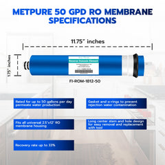 Metpure universal 50 GPD 1812 reverse osmosis membrane, 11.75 x 1.75 inch