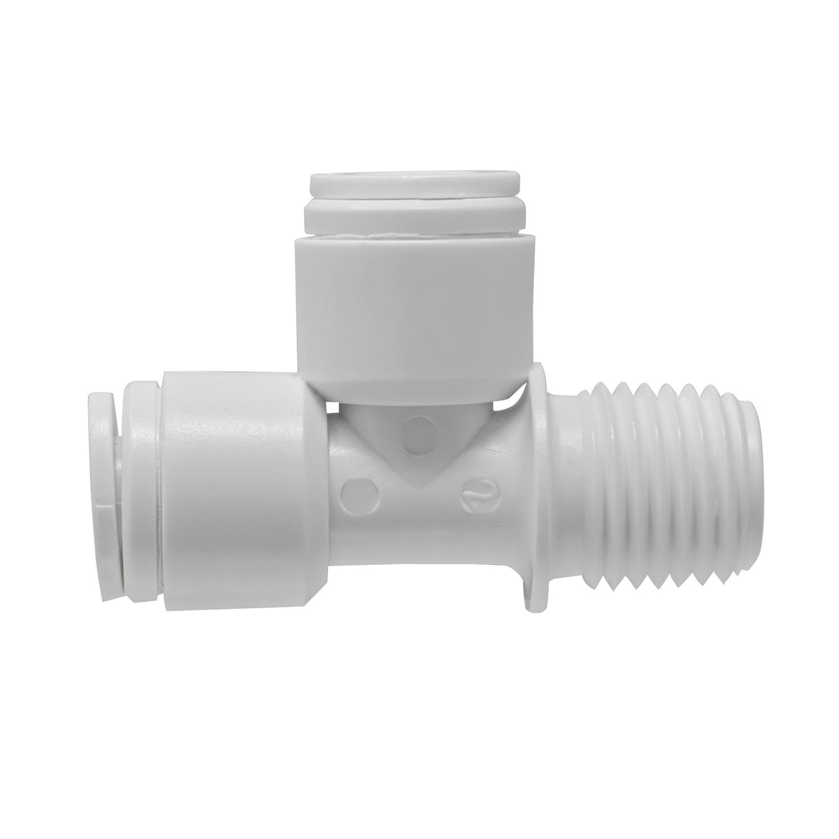 White 1/4 inch OD quick connect male run tee with 1/4 inch male thread