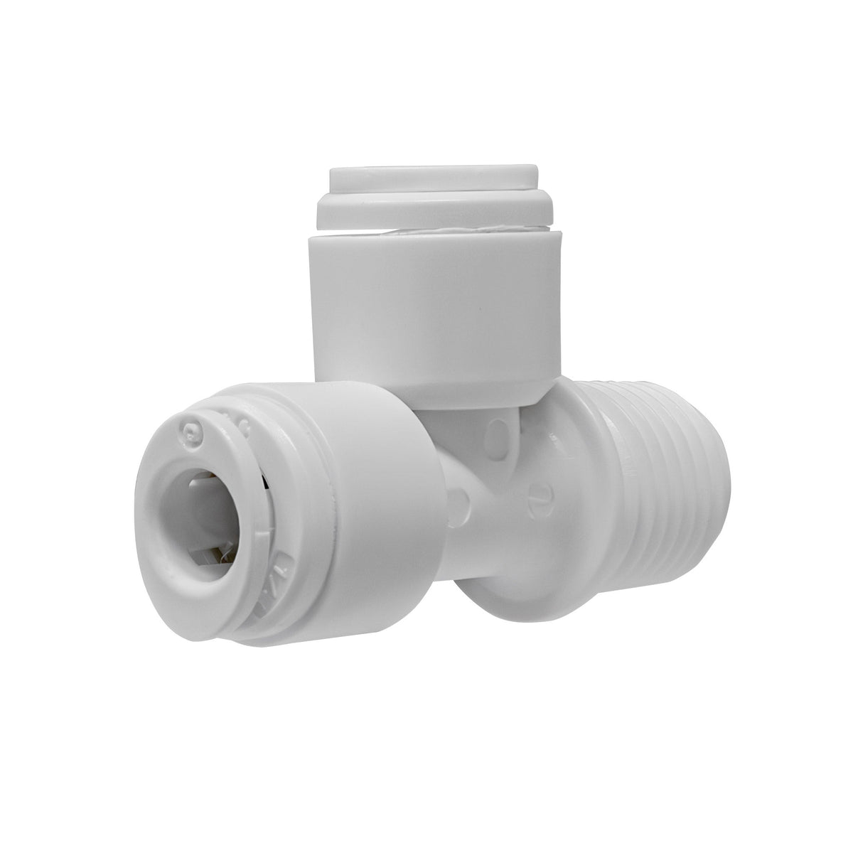 White 1/4 inch OD quick connect male run tee with 1/4 inch male thread