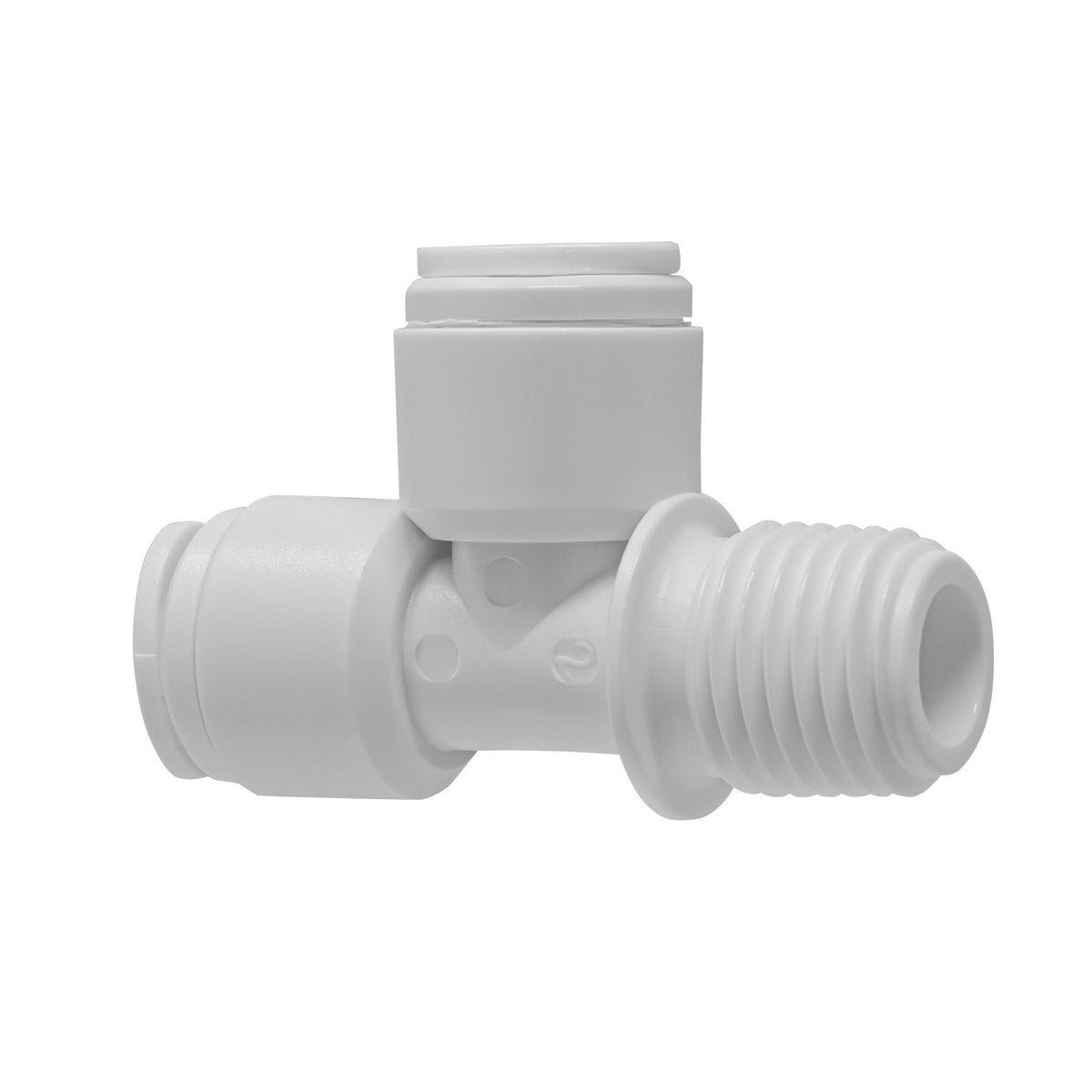 White 1/4 inch OD quick connect male run tee with 1/4 inch male thread