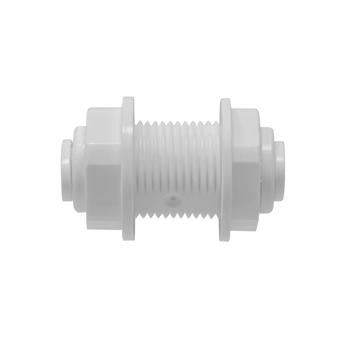 Quick connect bulkhead union. 1/4" quick connect x 1/4" quick connect (nut end). Certified by NSF.